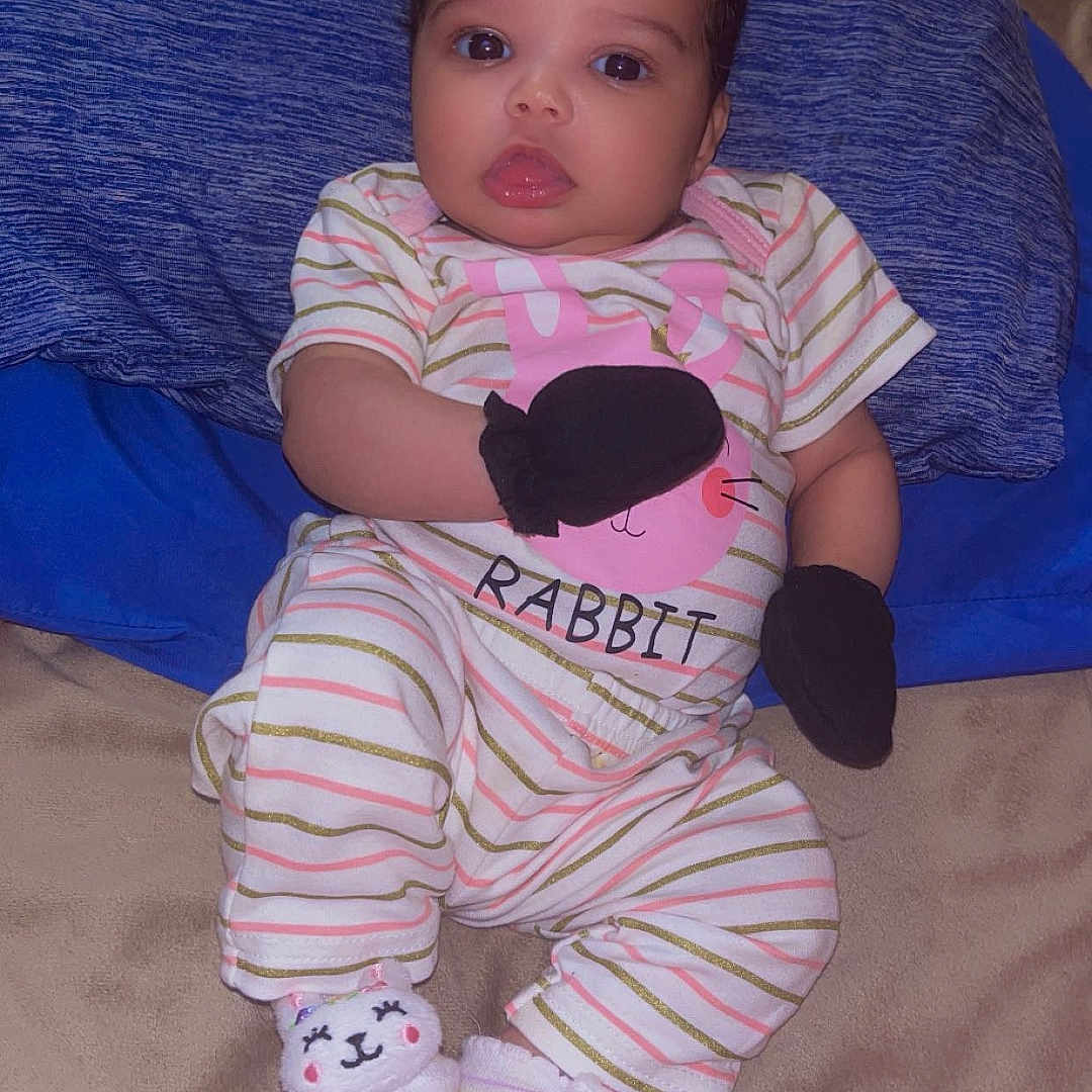 Jalaya joined the competition — help win amazing prizes! baby, infant, pajamas, mittens, socks, rabbit, striped_clothing, blue_pillow, blanket, soft_toys, cute, face, eyes, mouth, bedroom, indoor, child, lying_down, portrait, newborn