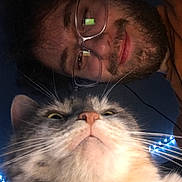 Princess joined the competition — help win amazing prizes! cat, person, glasses, beard, whiskers, face, close_up, indoor, lighting, smile, pet, animal, human, head, portrait, feline, eyewear, casual, string_lights, brown_clothing