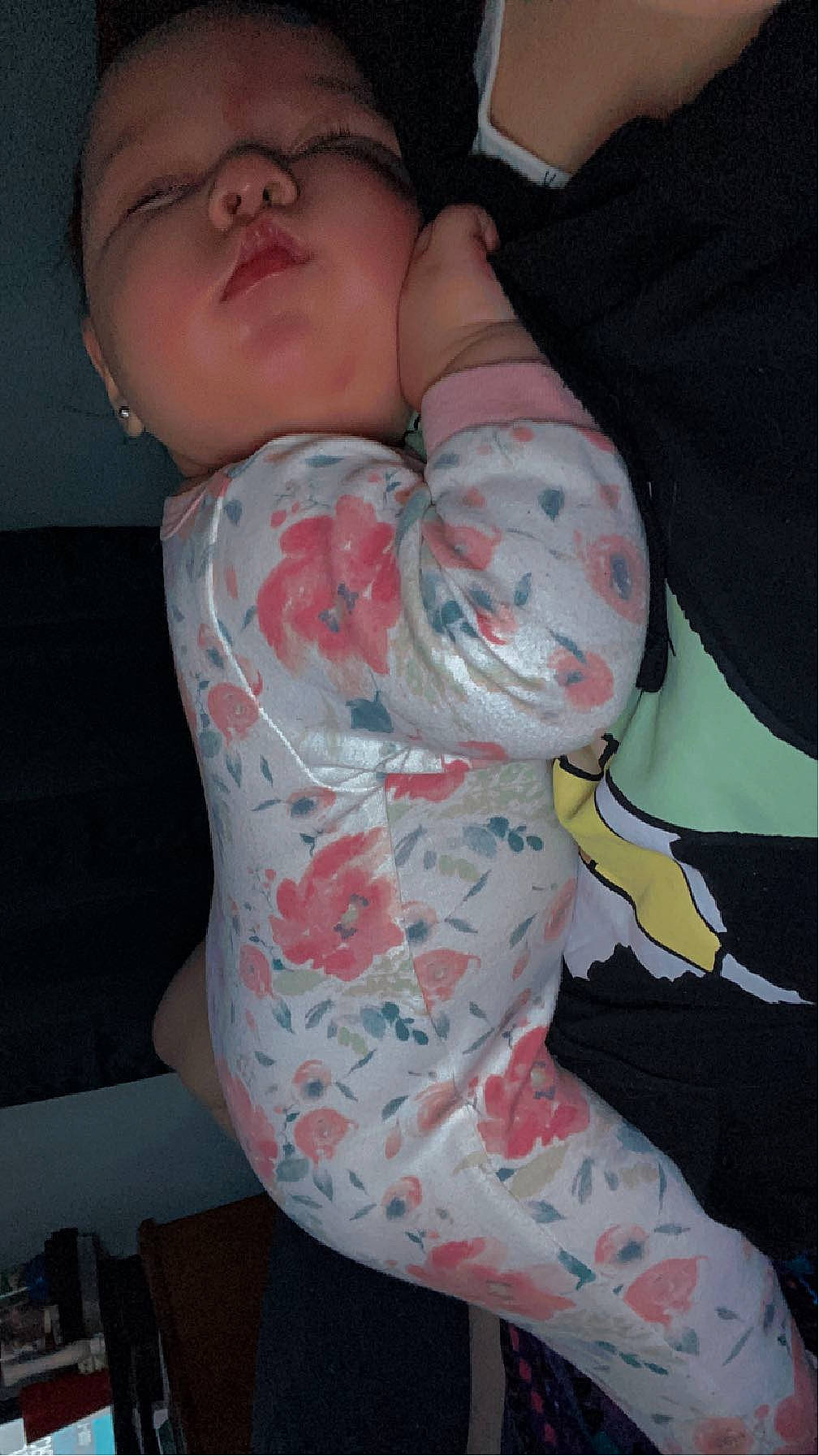 Violet is registered to the contest to win money with this photo: abdomen, arm, baby, baby_toddler_clothing, chest, comfort, elbow, gesture, hand, human_body, human_leg, knee, leg, neck, person, pink, sleeve, textile, thigh, toddler