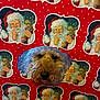 dog, face, wrapping_paper, holiday, christmas, santa_claus, red_background, white_beard, festive, cute, fluffy, nose, eyes, fur, pattern, celebration, seasonal, decoration, portrait, humor