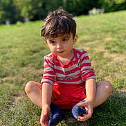 élio participe au concours pour gagner de l'argent avec cette photo : child, boy, grass, outdoor, sitting, red_shorts, striped_shirt, socks, cute, sunlight, nature, portrait, young, casual_clothing, daylight, playful, greenery, expression, knees_up, summer