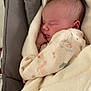 baby, newborn, sleeping, blanket, soft, infant, cozy, cute, dinosaur_print, animal_print, clothing, face, head, indoors, resting, child, person, baby_seat, comfort, peaceful