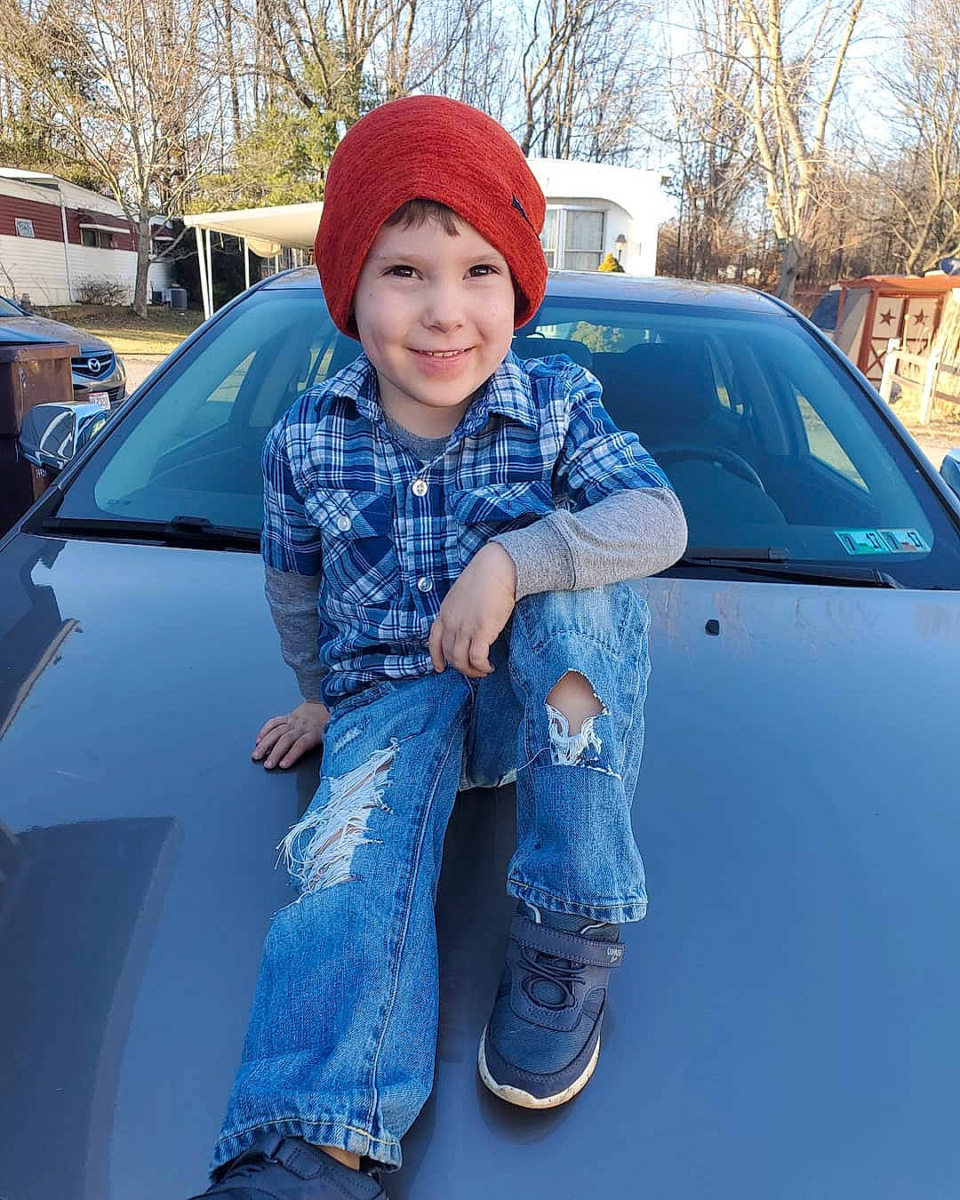 Owen joined the competition — help win amazing prizes! automotive_window_part, beanie, cap, car, child, cool, denim, family_car, freezing, headgear, headwear, jacket, jeans, joy, knit_cap, luxury_vehicle, outerwear, person, photography, snow