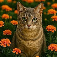Babygirl is registered to the contest to win money with this photo: cat, tabby, green_eyes, flowers, marigolds, orange_flowers, nature, outdoor, plant, pet, animal, fur, whiskers, close_up, portrait, sitting, greenery, flora, garden, calm