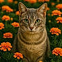 cat, tabby, green_eyes, flowers, marigolds, orange_flowers, nature, outdoor, plant, pet, animal, fur, whiskers, close_up, portrait, sitting, greenery, flora, garden, calm