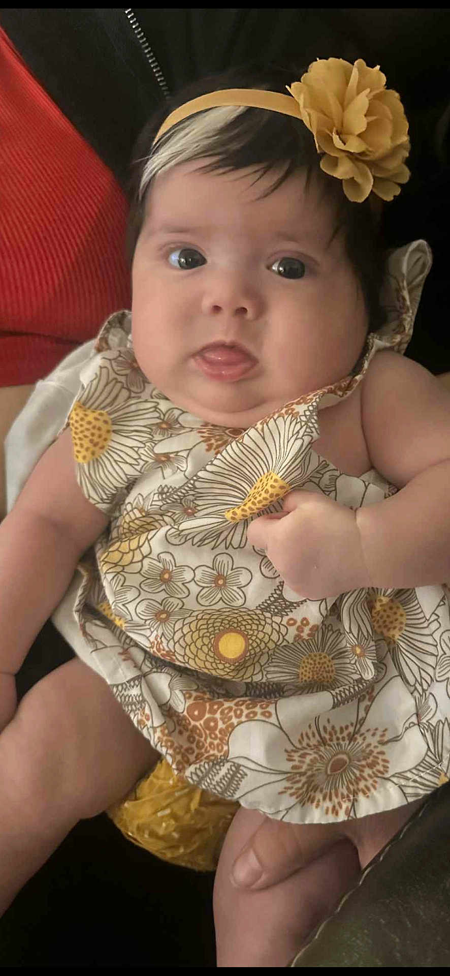 Dainary joined the competition — help win amazing prizes! baby, infant, child, flower_headband, floral_dress, cute, face, wide_eyes, curious, skin, arm, hand, legs, sitting, portrait, indoors, soft_lighting, person, head, expression