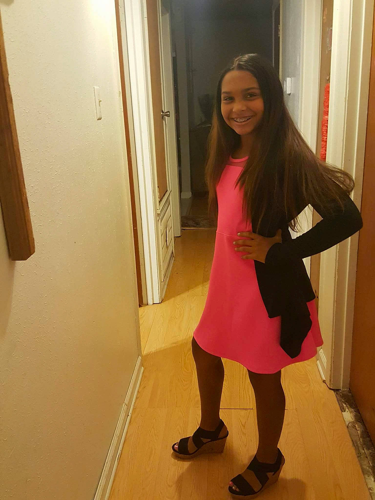 Jasmine joined the competition — help win amazing prizes! clothing, dress, footwear, hip, human_leg, joint, joy, knee, leg, long_hair, outerwear, person, pink, riding_boot, room, shoe, shoulder, standing, thigh, tights