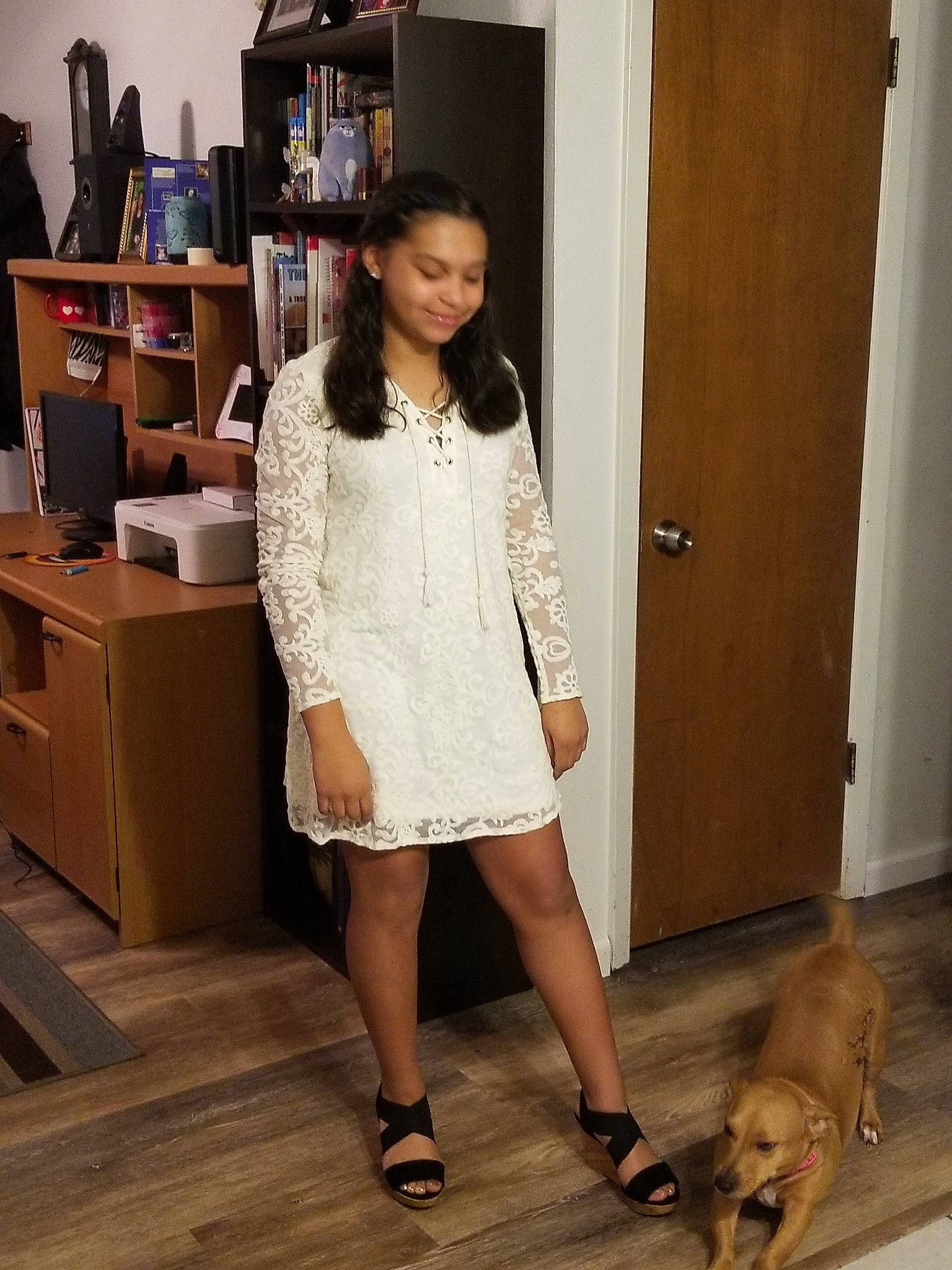 Jasmine joined the competition — help win amazing prizes! beige, brown_hair, canidae, clothing, companion_dog, dress, fashion, fashion_design, fawn, footwear, fur, joy, leg, outerwear, person, room, shoe