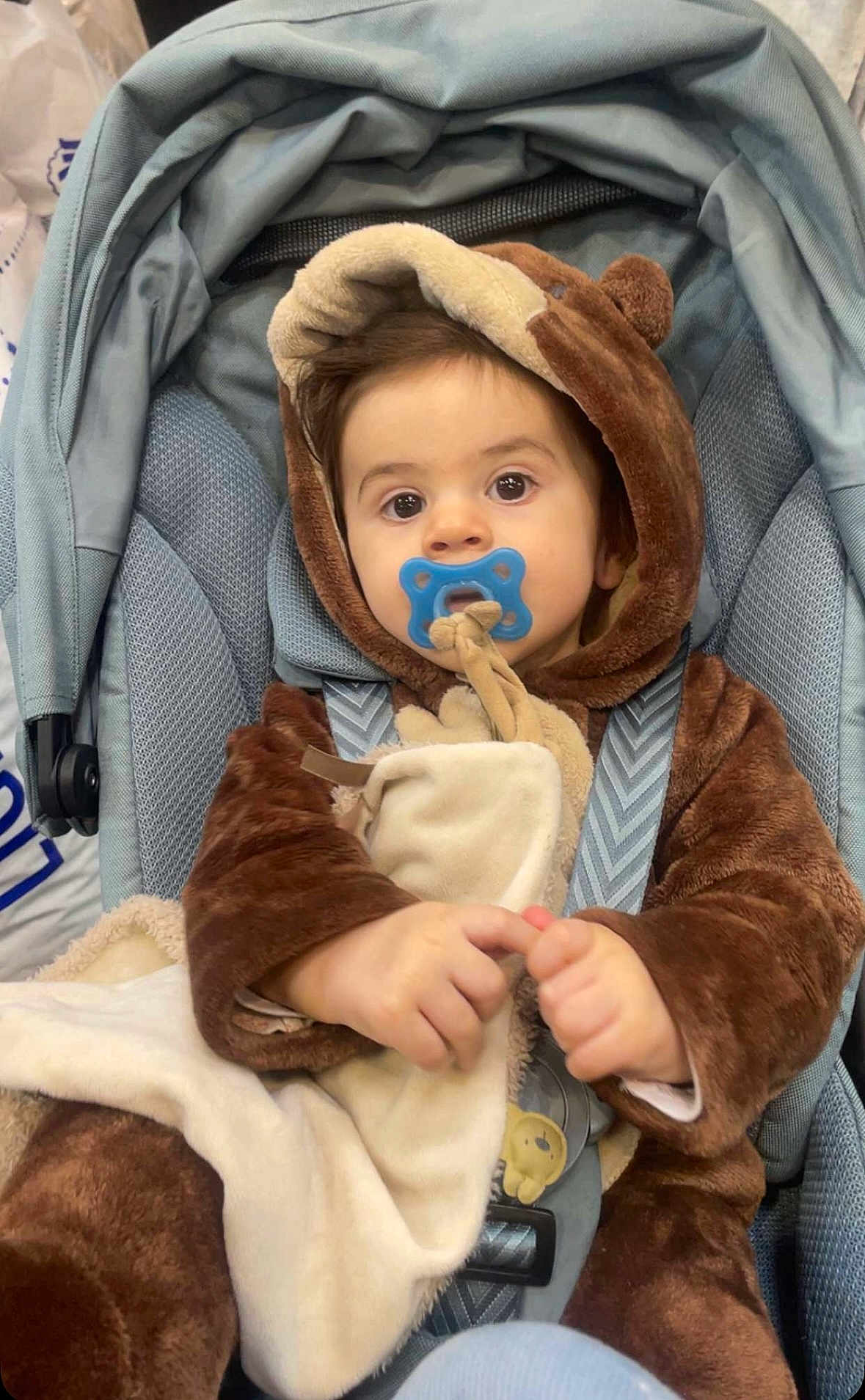 Eden participe au concours pour gagner de l'argent avec cette photo : baby, child, pacifier, blanket, car_seat, fuzzy_clothing, bear_costume, cute, indoor, seatbelt, infant, soft_toy, hooded_outfit, hands, face, brown_clothing, blue_pacifier, portrait, young_child, looking_at_camera