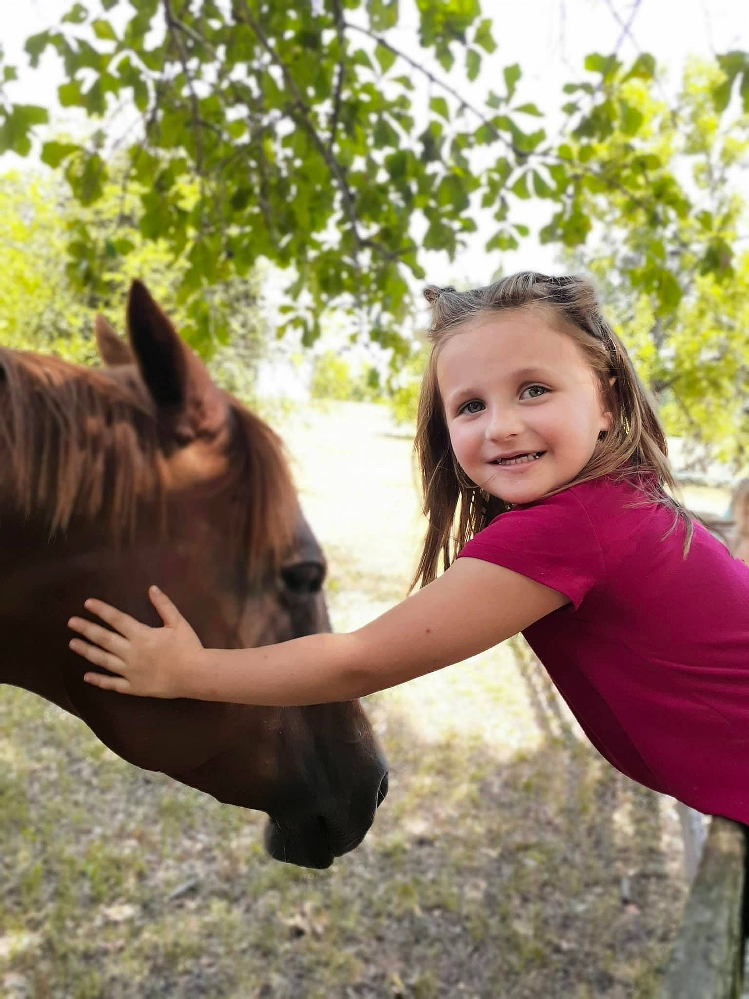 Paislee is registered to the contest to win money with this photo: ear, fawn, finger, fun, gesture, hand, happy, horse, interaction, joy, mane, person, photograph, photography, smile, tree