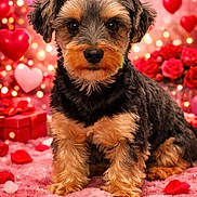 Rocco joined the competition — help win amazing prizes! dog, puppy, small_dog, pet, portrait, valentine_theme, hearts, roses, gift_box, bokeh, pink_background, cozy, fluffy, sitting, close_up, studio_photo, adorable, paws, carpet, rose_petals