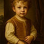 child, portrait, curly_hair, blue_eyes, vintage_clothing, brown_vest, long_sleeves, hands, soft_lighting, classical_style, indoor, serene_expression, young_boy, drapery, warm_tones, detailed_texture, timeless, artistic, historical_style, studio