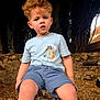 child, boy, curly_hair, blue_tshirt, shorts, outdoor, rock, tree, leaves, stone_wall, sunlight, shade, person, sitting, casual_clothing, nature, young, expression, daylight, playground