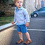 toddler, child, boy, standing, outdoor, parking_lot, stone_wall, car, blue_shorts, grey_jacket, sandals, sunlight, curly_hair, casual_clothing, pavement, expression, young_child, daylight, urban, curious