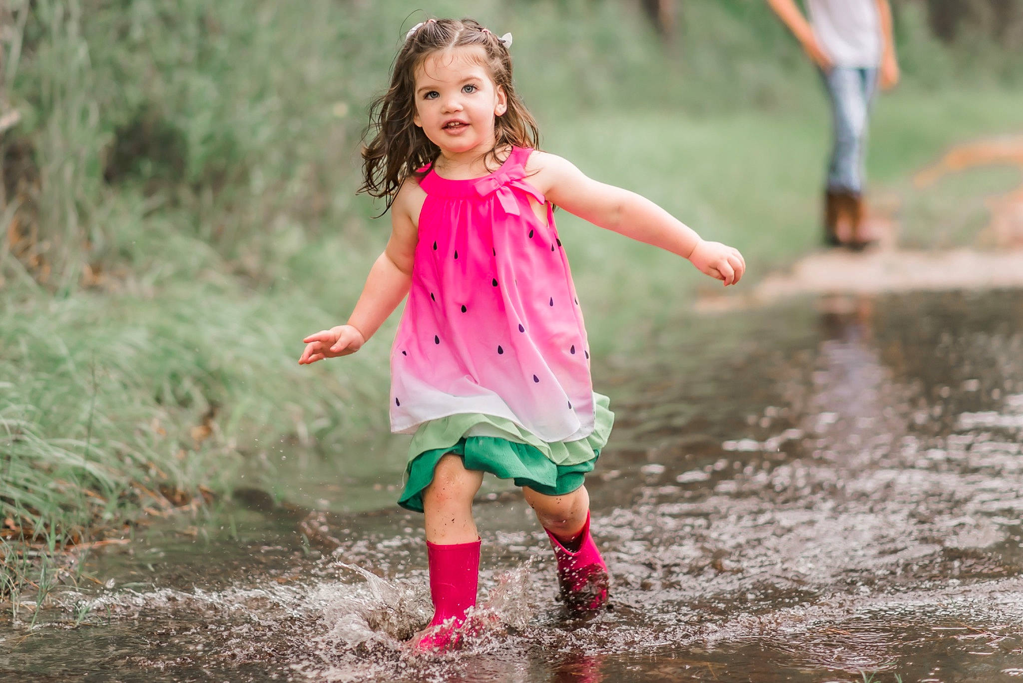 Hazel joined the competition — help win amazing prizes! child, child_model, dress, fun, happy, mud, nature, people, person, photography, pink, play, puddle, rain, recreation, smile, spring, summer, toddler, walking