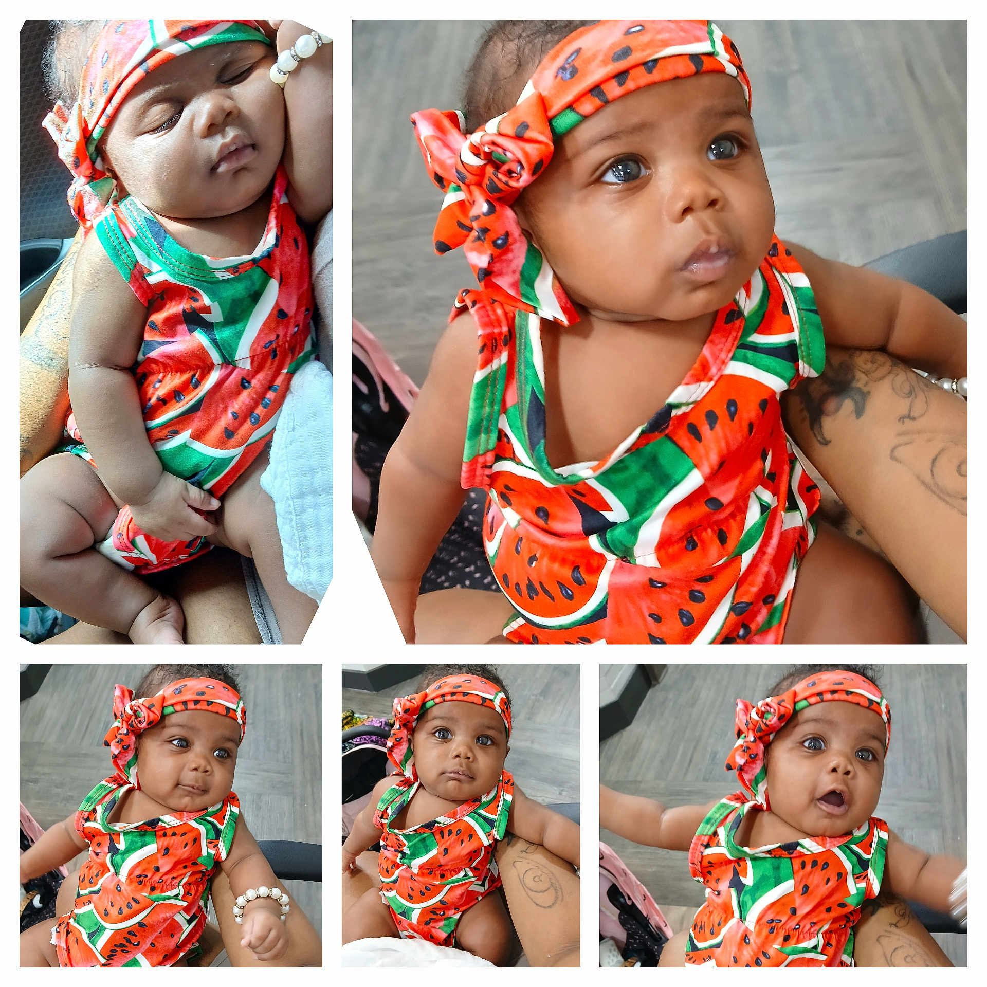 Promise is registered to the contest to win money with this photo: baby, infant, watermelon_outfit, headband, bracelet, cute, expression, portrait, child, person, indoor, flooring, tattooed_arm, colorful_clothing, closeup, smiling, curious, sleeping, sitting, adorable