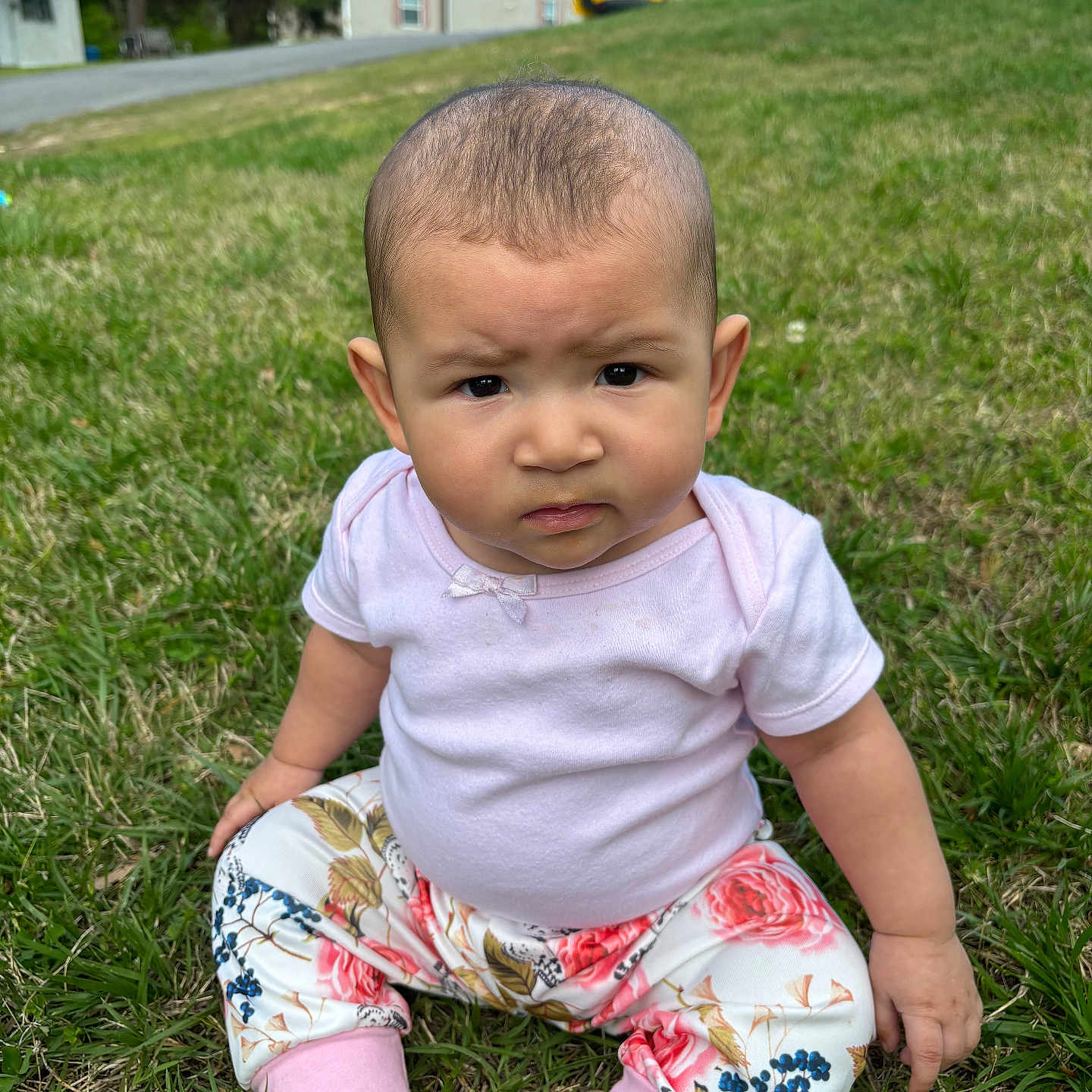 Kayomi is registered to the contest to win money with this photo: baby, backyard, car, clothing, face, grass, head, lawn, nature, outdoors, pants, person, photography, plant, portrait, shorts, sitting, transportation, vehicle, yard
