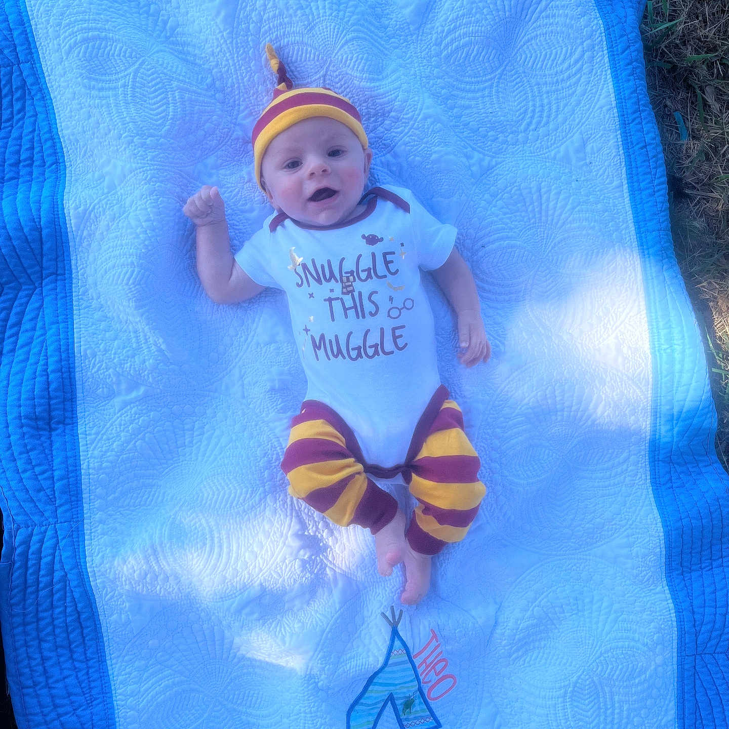 Theodore joined the competition — help win amazing prizes! accessories, applique, baby, blanket, cap, clothing, crib, face, furniture, hat, head, infantbed, newborn, outdoors, pattern, person, photography, portrait, quilt, t_shirt