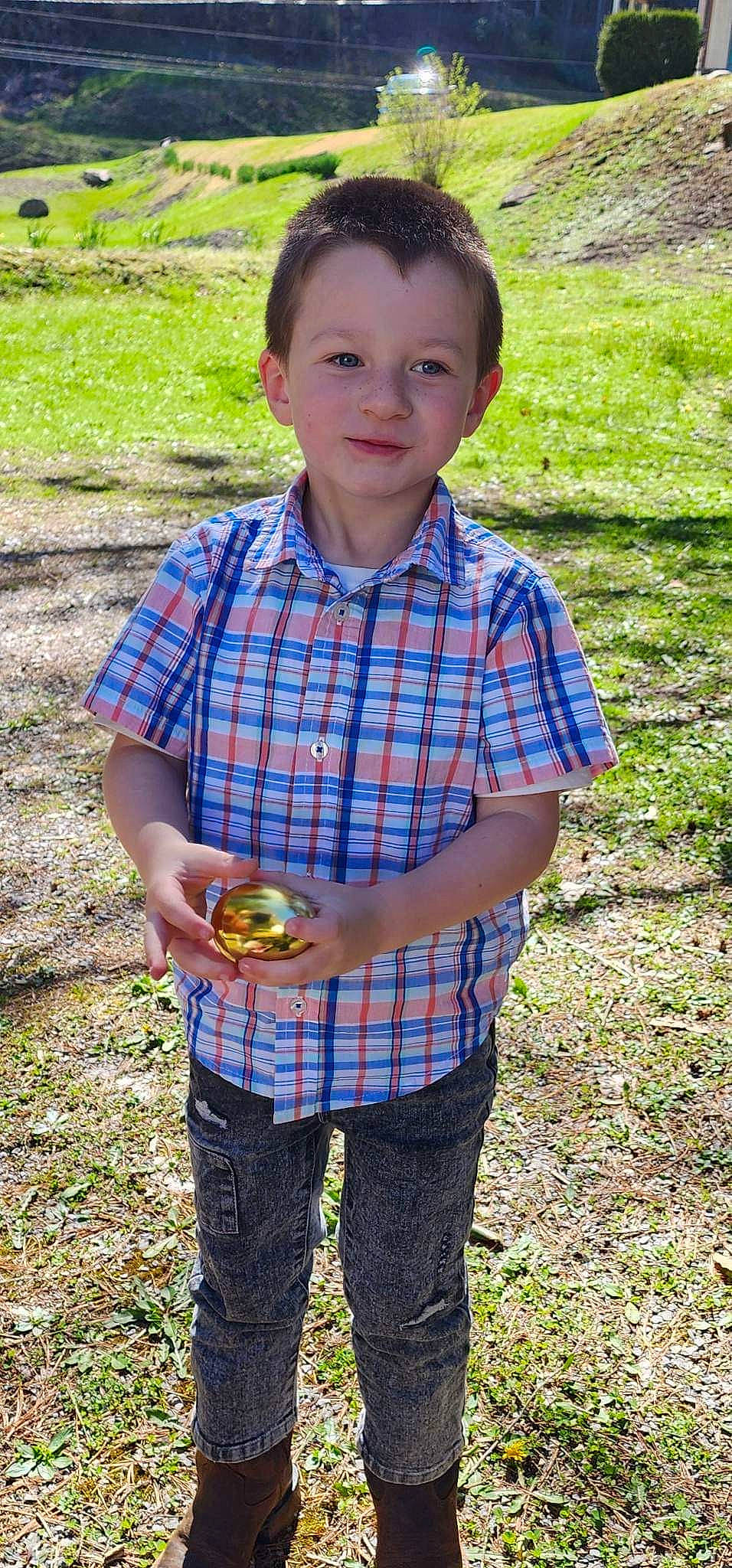 Phillip joined the competition — help win amazing prizes! child, dress_shirt, electric_blue, face, food, fruit, fun, grass, happy, joy, pattern, people_in_nature, person, plaid, plant, sleeve, smile, soil, t_shirt, tartan