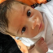 Aero joined the competition — help win amazing prizes! baby, infant, face, eyes, skin, hand, white_shirt, blanket, orange, pattern, closeup, portrait, cute, young_child, lying_down, human, expression, indoors, soft_texture, curious