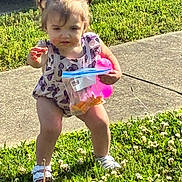 Lenni Kate is registered to the contest to win money with this photo: toddler, child, grass, sidewalk, outdoor, sunlight, plastic_bag, toy, pigtails, shoes, clothing, nature, exploring, person, greenery, summer, cute, fun, young_child, play