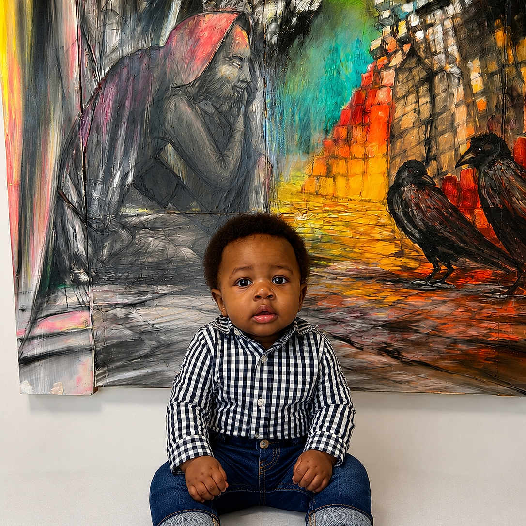 Iyinoluwa is registered to the contest to win money with this photo: baby, child, infant, sitting, barefoot, checkered_shirt, jeans, curly_hair, portrait, indoor, mural, artwork, painting, colorful, birds, expression, face, cute, young, person