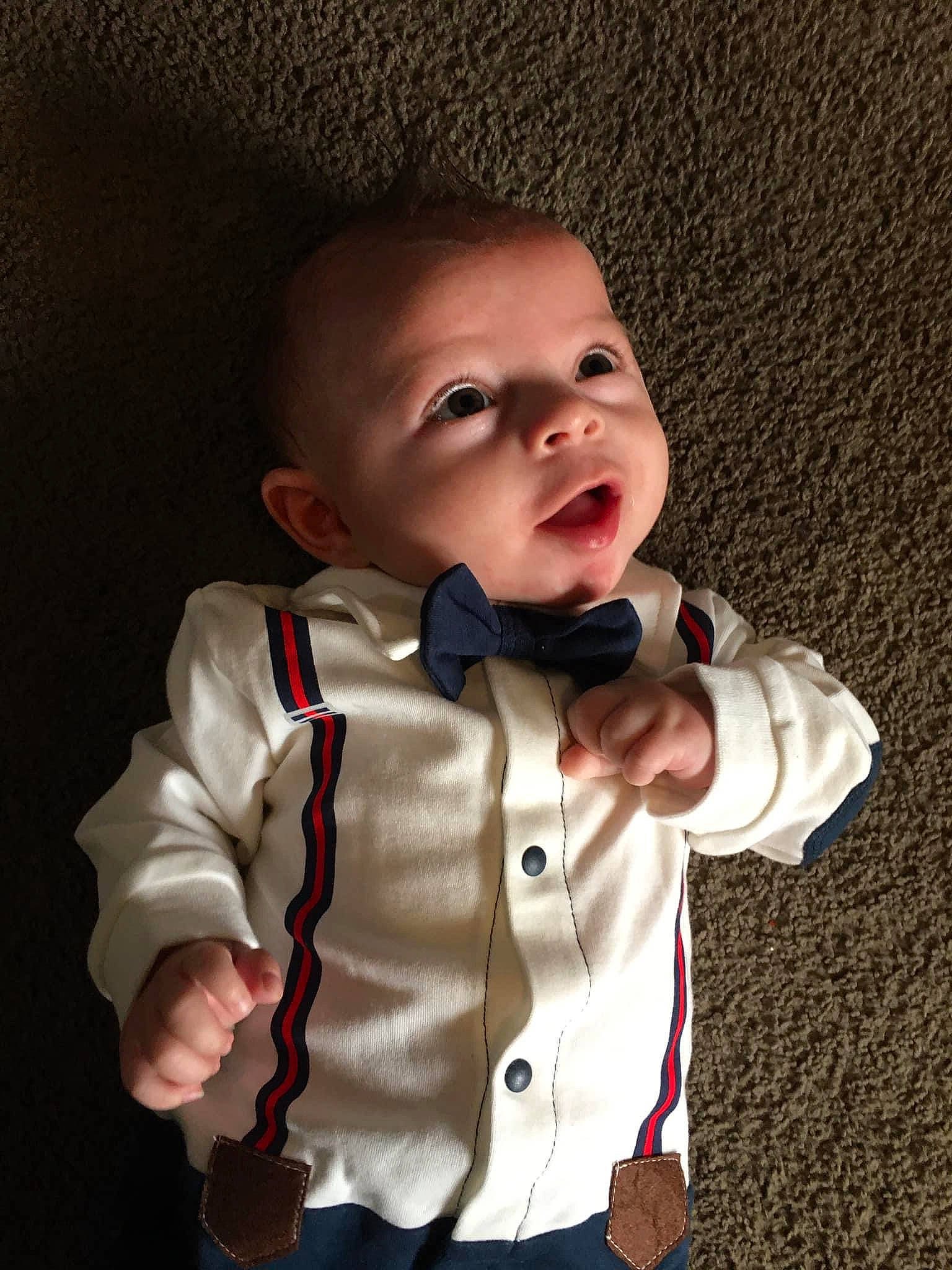Carson joined the competition — help win amazing prizes! baby, baby_toddler_clothing, cheek, child, collar, dress_shirt, finger, formal_wear, fun, gesture, happy, nose, pattern, person, skin, sleeve, t_shirt, thumb, tie, toddler