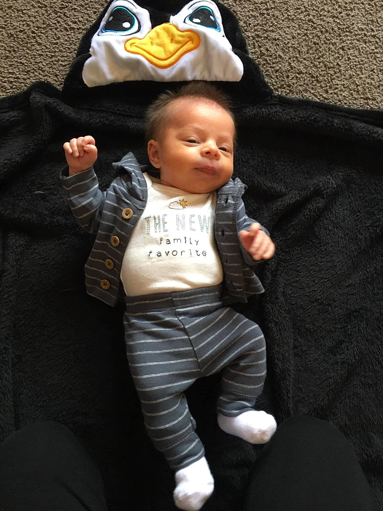 Carson joined the competition — help win amazing prizes! baby, baby_carriage, baby_products, baby_toddler_clothing, bag, cheek, comfort, denim, gesture, happy, hat, mammal, outerwear, person, product, sitting, sleeve, t_shirt, textile, thumb