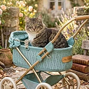 Esme a rejoint le concours — aidez-le/la à gagner de superbes lots ! cat, tabby_cat, kitten, animal, pet, fur, whiskers, eyes, sitting, carriage, baby_carriage, vintage, turquoise, garden, flowers, cottage, outdoor, stone_path, rose, sunlight