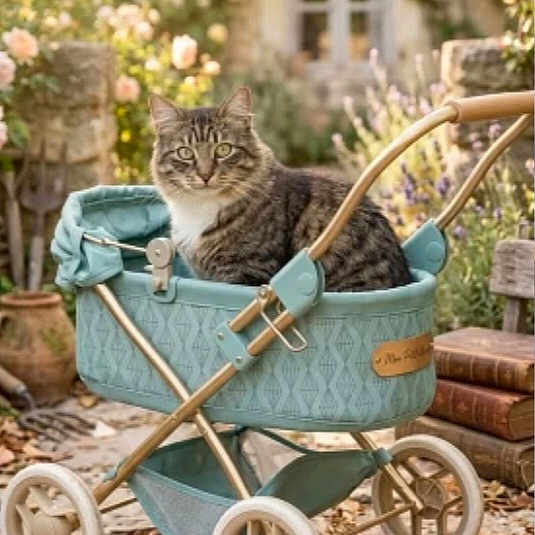 Esme a rejoint le concours — aidez-le/la à gagner de superbes lots ! cat, tabby_cat, kitten, animal, pet, fur, whiskers, eyes, sitting, carriage, baby_carriage, vintage, turquoise, garden, flowers, cottage, outdoor, stone_path, rose, sunlight