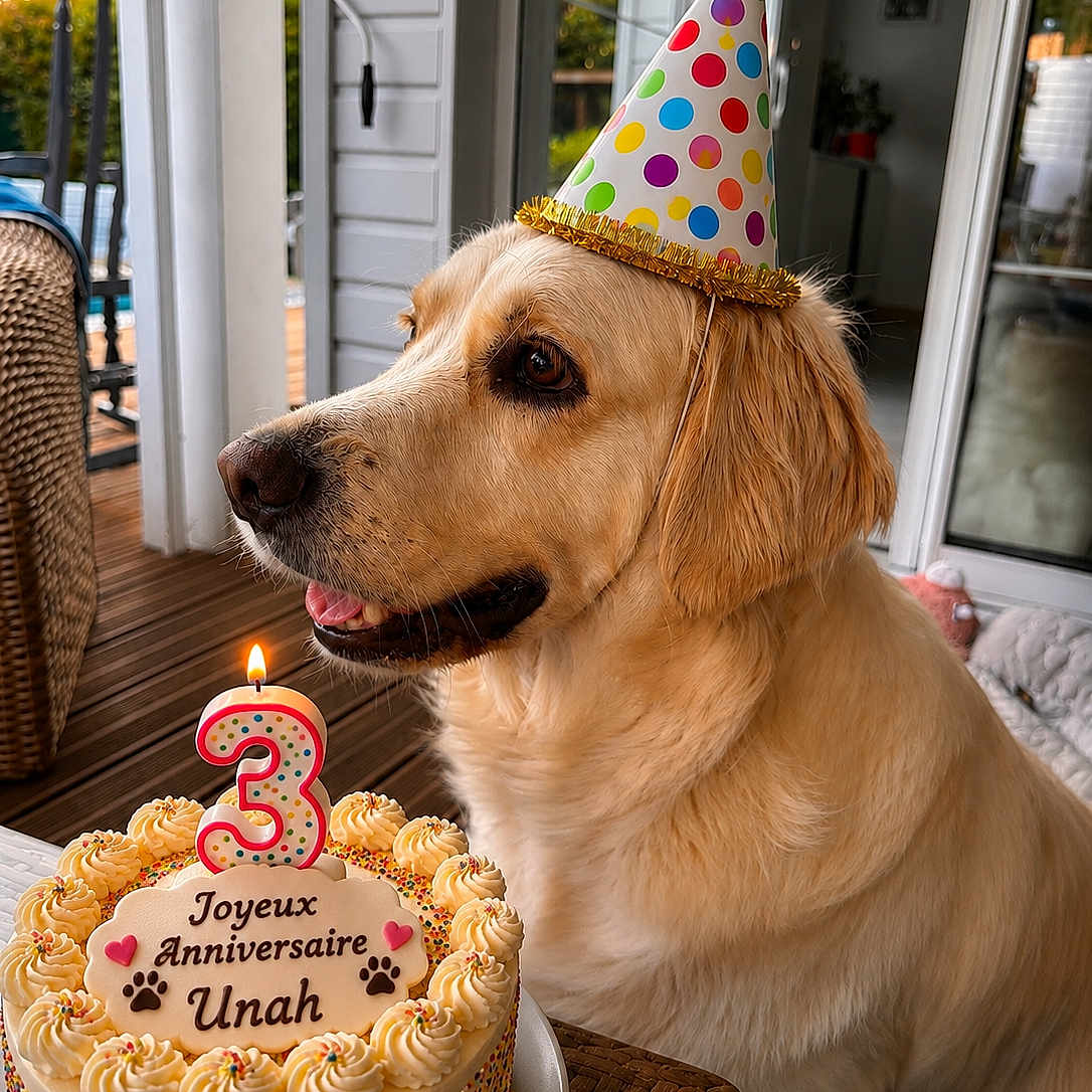 Unah participe au concours pour gagner de l'argent avec cette photo : dog, golden_retriever, birthday_cake, party_hat, cake, candle, indoor, table, celebration, festive, sprinkles, frosting, pet, animal, portrait, window, natural_light, happy, close_up, side_view