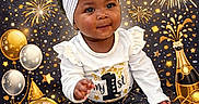 Umharia is registered to the contest to win money with this photo: baby, child, celebration, new_year, first_birthday, party, fireworks, balloons, clock, champagne_bottle, sparkles, stars, headband, white_bow, festive_clothing, sitting, smiling, holiday, cute, portrait