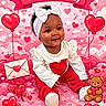 baby, child, valentine, heart, balloon, teddy_bear, envelope, pink, red, white, headband, smile, sitting, cute, love, polka_dot, clothing, celebration, background, portrait