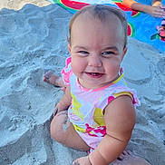 Rebekah is registered to the contest to win money with this photo: baby, child, sand, beach, swimsuit, smile, happy, towel, watermelon_pattern, summer, sunny, playful, cute, sitting, barefoot, person, fun, vacation, outdoor, family