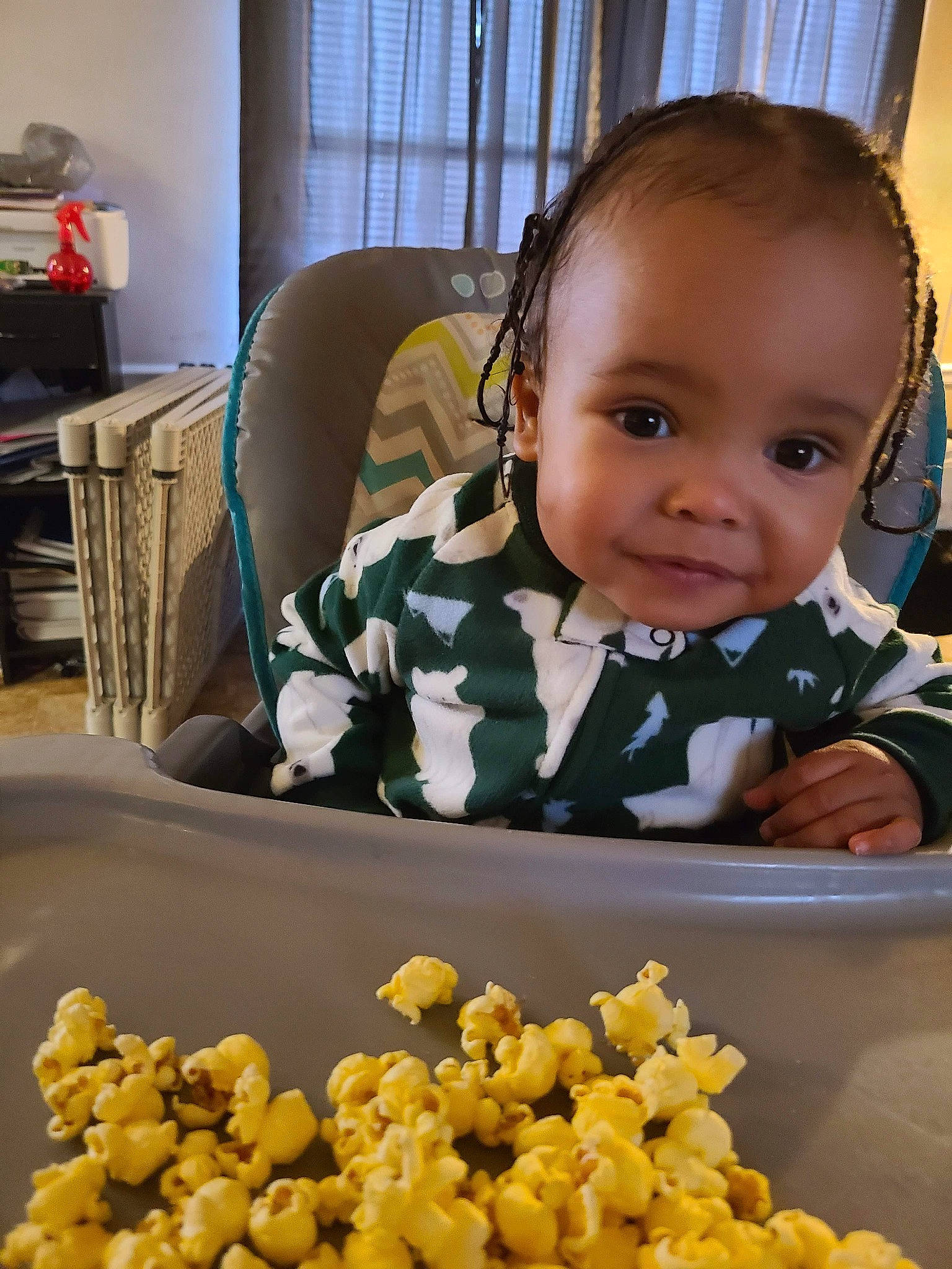 Xavier joined the competition — help win amazing prizes! baby, baby_toddler_clothing, chair, child, curtain, flowering_plant, happy, local_food, natural_foods, organ, person, room, smile, toddler, window, wood, yellow