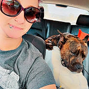 King is registered to the contest to win money with this photo: person, dog, car_interior, sunglasses, seat, pillow, brindle_dog, tattoo, nose_ring, piercing, tshirt, window, headrest, seatbelt, relaxed, resting_dog, human_face, vehicle, casual, indoor