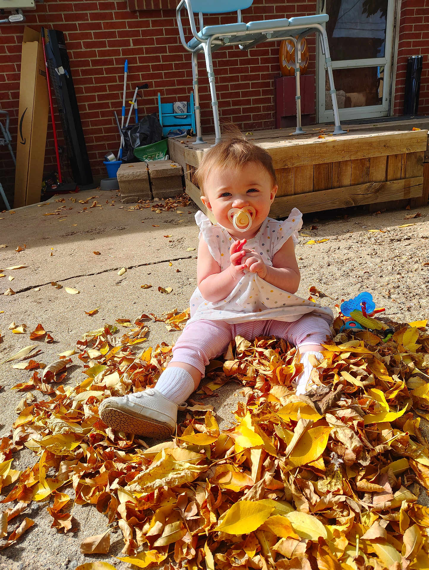Lilibeth is registered to the contest to win money with this photo: baby, child, pacifier, autumn, leaves, outdoor, sunlight, brick_wall, wooden_deck, concrete, toy, white_shoes, pink_pants, polka_dot_shirt, smiling, sitting, fall, garden_tools, playful, cute