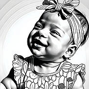 Miatta is registered to the contest to win money with this photo: artistic, baby, black_and_white, bow, child, clothing, cute, digital_art, dress, face, floral_pattern, happy, headband, high_contrast, illustration, person, portrait, smiling, stylized, young_child