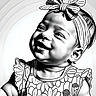 artistic, baby, black_and_white, bow, child, clothing, cute, digital_art, dress, face, floral_pattern, happy, headband, high_contrast, illustration, person, portrait, smiling, stylized, young_child
