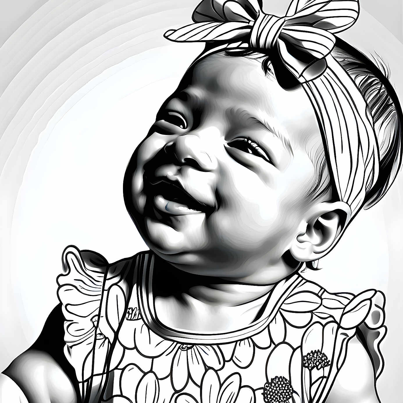 Miatta is registered to the contest to win money with this photo: artistic, baby, black_and_white, bow, child, clothing, cute, digital_art, dress, face, floral_pattern, happy, headband, high_contrast, illustration, person, portrait, smiling, stylized, young_child
