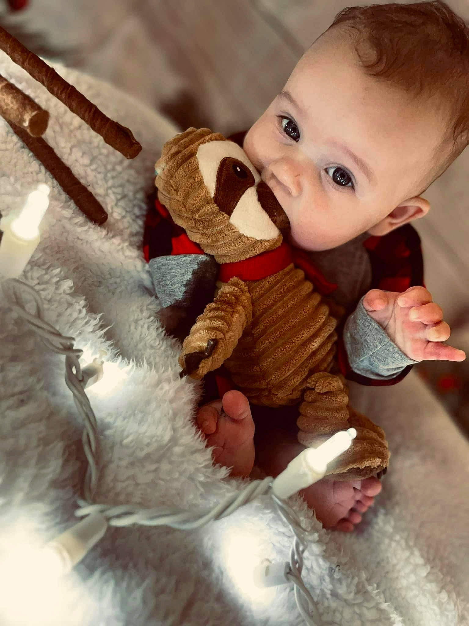 Theo joined the competition — help win amazing prizes! baby, baby_products, baby_toddler_clothing, cheek, child, comfort, eye, finger, fur, fur_clothing, gesture, happy, head, linens, nose, person, sitting, skin, sleeve, stuffed_toy