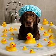 Duck joined the competition — help win amazing prizes! dog, labrador, shower_cap, bathtub, bubble_bath, rubber_duck, yellow_duck, bathroom, tile_wall, water, pet, cute, animal, sitting, foam, playful, indoor, portrait, brown_dog, funny