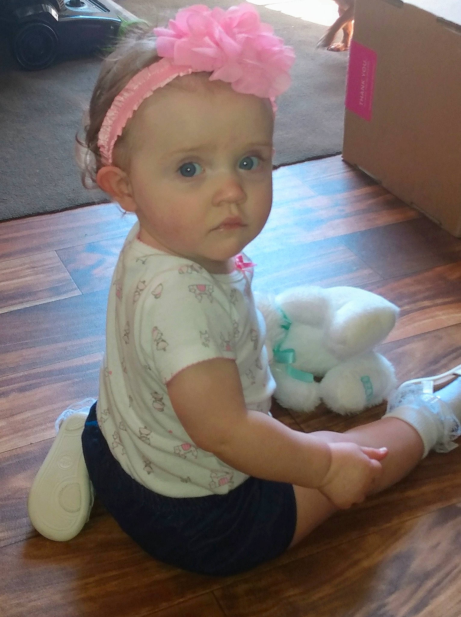Sabrina is registered to the contest to win money with this photo: baby, baby_toddler_clothing, cap, child, fashion_accessory, floor, flooring, fun, happy, hardwood, headband, headwear, human_leg, person, pink, shipping_box, sitting, stuffed_toy, toddler, toy