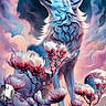 digital_art, wolf, moon, flowers, pink_flowers, howling, nature, fantasy, night, sky, clouds, branch, illustration, animal, wildlife, artwork, social_media, screenshot, user_interface, comments