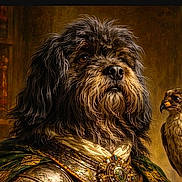Shadow a rejoint le concours — aidez-le/la à gagner de superbes lots ! armor, beard, bird_companion, brooch, closeup, costume, decorative_background, digital_art, dog, fur, jewelry, luxury, medieval, noble, ornate, painting, portrait, portrait_lighting, regal, vintage_style