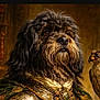 armor, beard, bird_companion, brooch, closeup, costume, decorative_background, digital_art, dog, fur, jewelry, luxury, medieval, noble, ornate, painting, portrait, portrait_lighting, regal, vintage_style