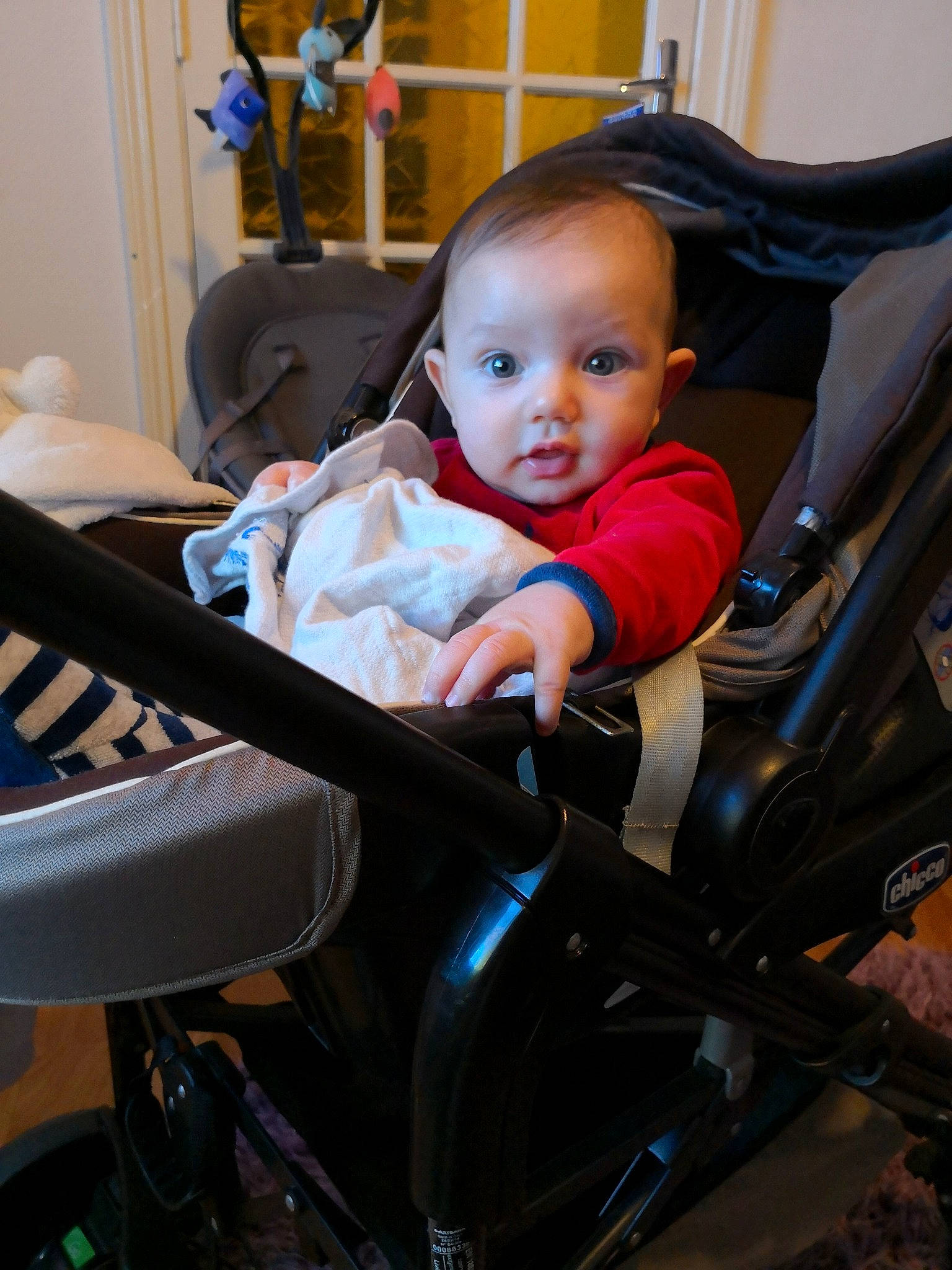Carlos participe au concours pour gagner de l'argent avec cette photo : arm, baby_carriage, baby_products, car_seat, child, fun, girl, hair, human_body, infant, leg, person, product, sitting, skin, smile, textile, toddler