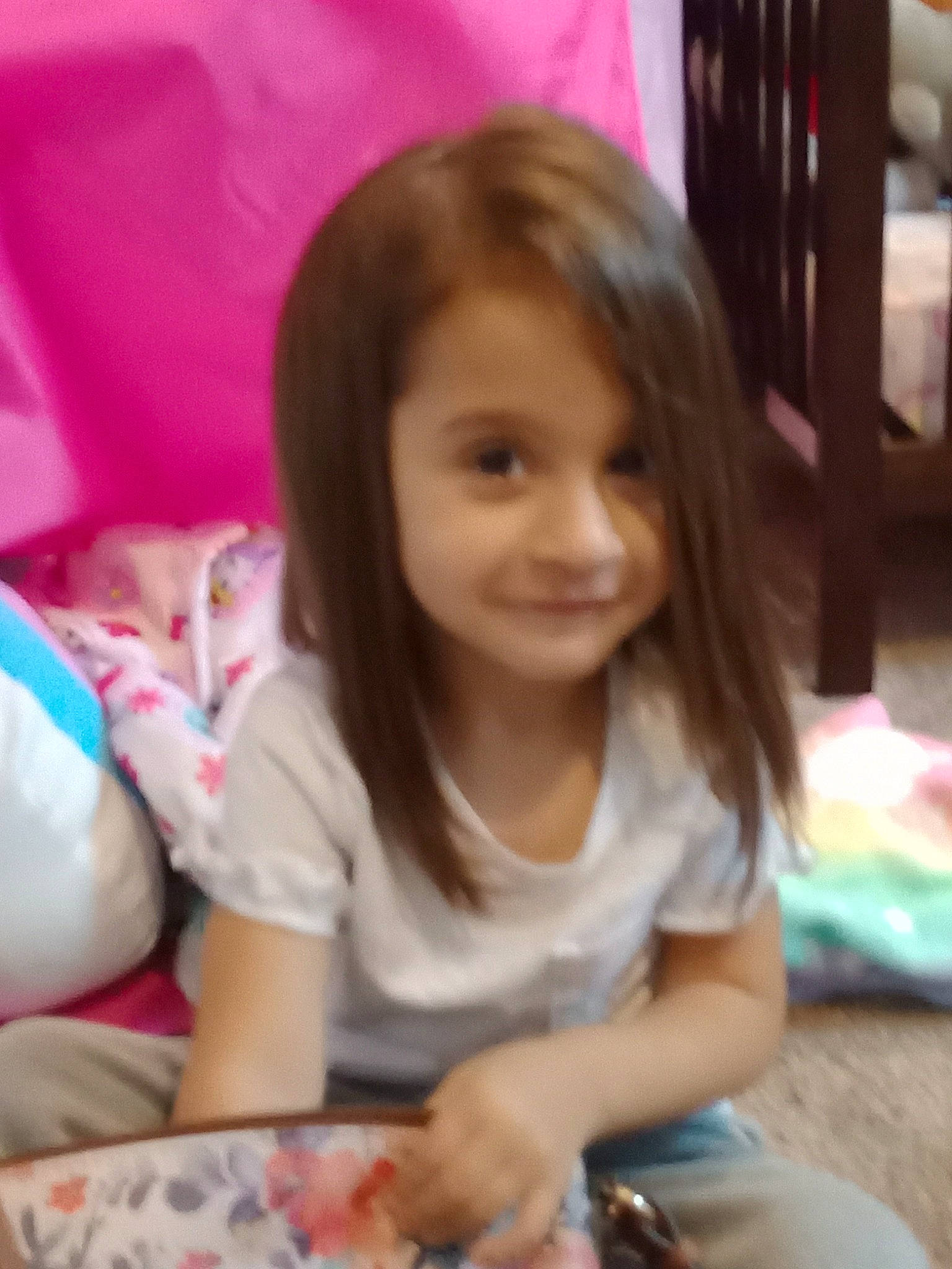 Jurnee joined the competition — help win amazing prizes! bangs, beauty, brown_hair, child, comfort, facial_expression, finger, fun, happy, human, human_leg, joy, long_hair, mammal, person, sharing, sitting, skin, smile, summer