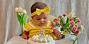Isabella is registered to the contest to win money with this photo: baby, birthday, cake, candle, celebration, child, cute, festive, flowers, headband, high_chair, indoor, pink_flowers, sitting, sprinkles, table, toddler, white_background, white_tulips, yellow_clothing