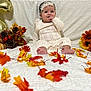Isabella is registered to the contest to win money with this photo: baby, child, infant, knitwear, autumn, fall_leaves, pumpkins, sunflowers, balloon, number_6, headband, smiling, sitting, white_blanket, decorations, festive, cute, portrait, indoors, seasonal